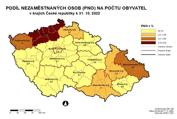 Podl nezamstnanch osob na potu obyvatel v krajch R k 31. 10. 2022