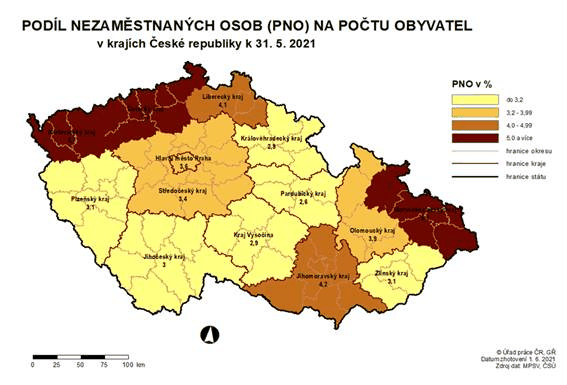 Podl nezamstnanch osob na potu obyvatel v krajch R k 31. 5. 2021