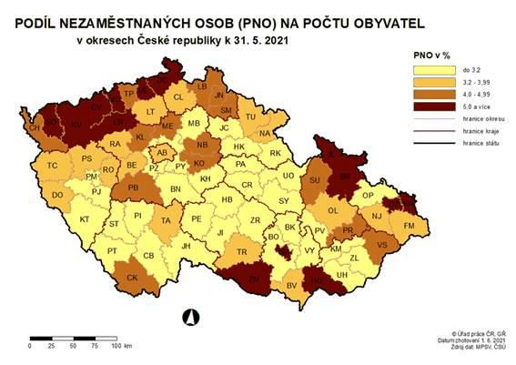 Podl nezamstnanch osob na potu obyvatel v okresech R k 31. 5. 2021