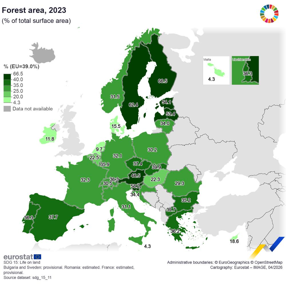 Forest area, 2023 (% of total surface area). Map. See link to the full dataset below.