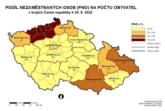 Podl nezamstnanch osob na potu obyvatel v krajch R k 30. 9. 2022