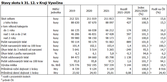 Stavy skotu k 31. 12. v Kraji Vysoina