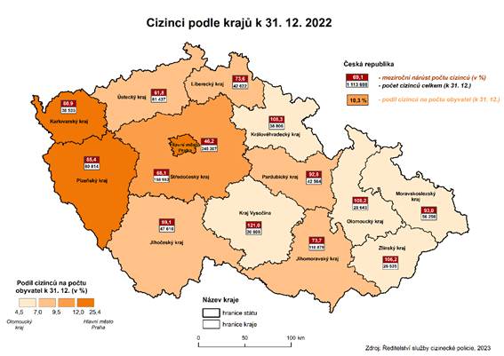 Cizinci podle kraj k 31. 12. 2022