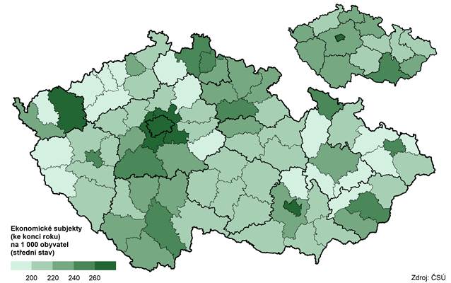 Intenzita podnikatelsk aktivity v okresech a krajch v roce 2023