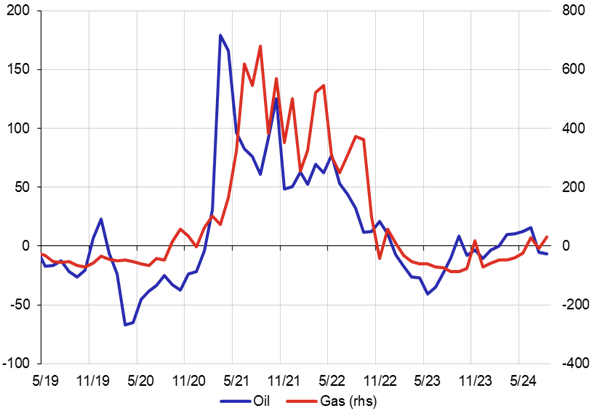 Graf 2b  Dynamika cen komodit (r/r v %)