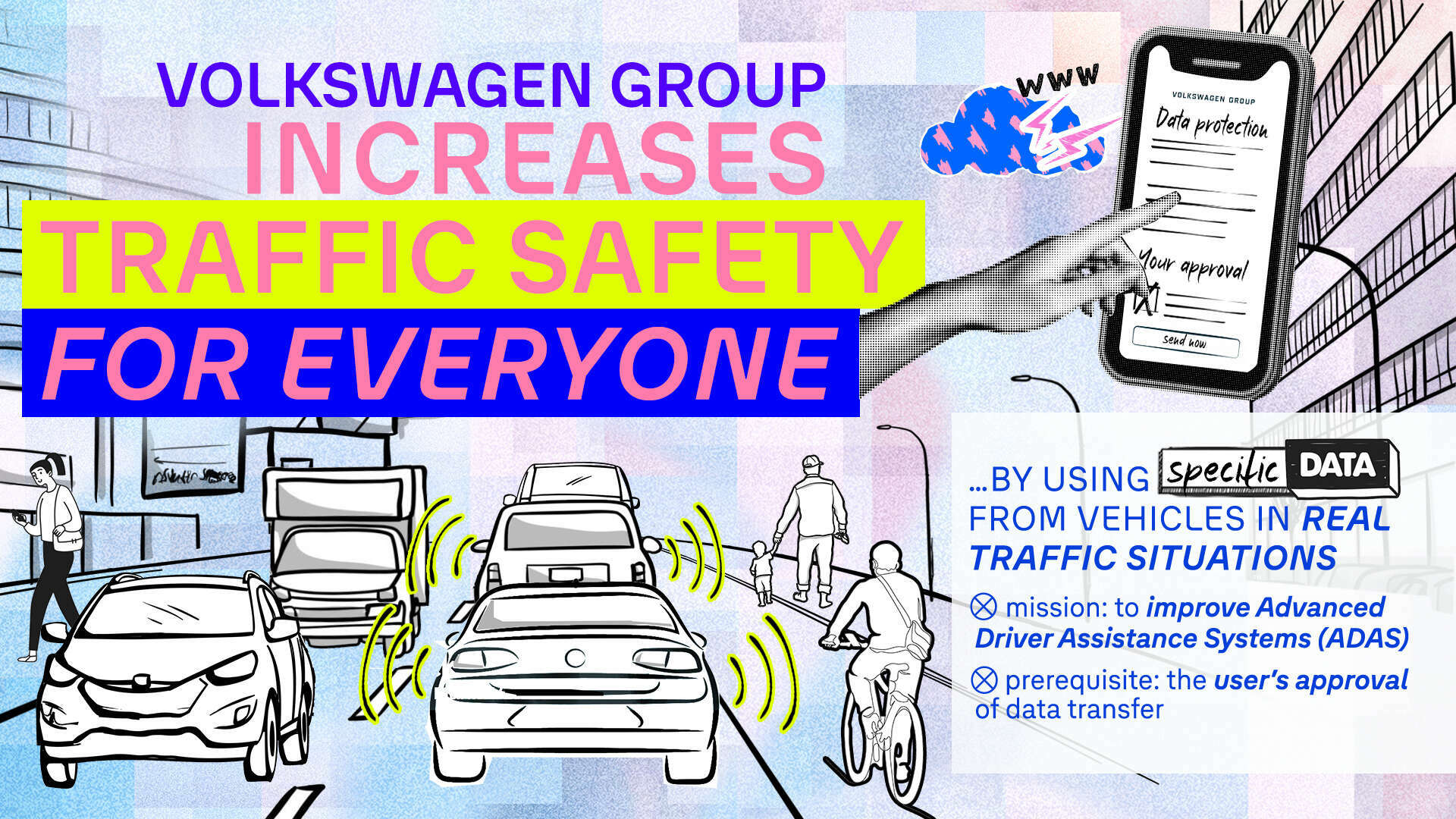 Graphic representation of traffic safety through vehicle data usage in road traffic, presented by Volkswagen Group.