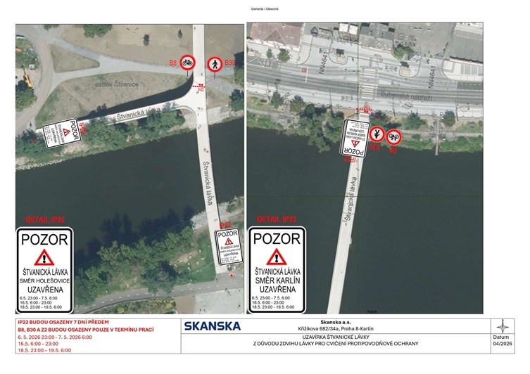 Dočasné uzavírky Štvanické lávky z důvodu cvičení protipovodňové ochrany (květen 2026) - DIO