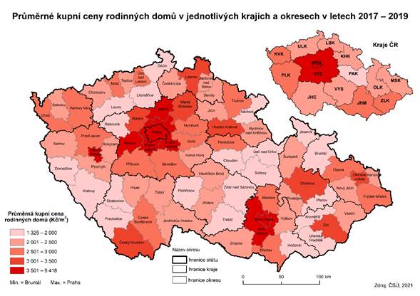 Průměrné kupní ceny rodinných domů v jednotlivých krajích a okressech v letech 2017 až 2019