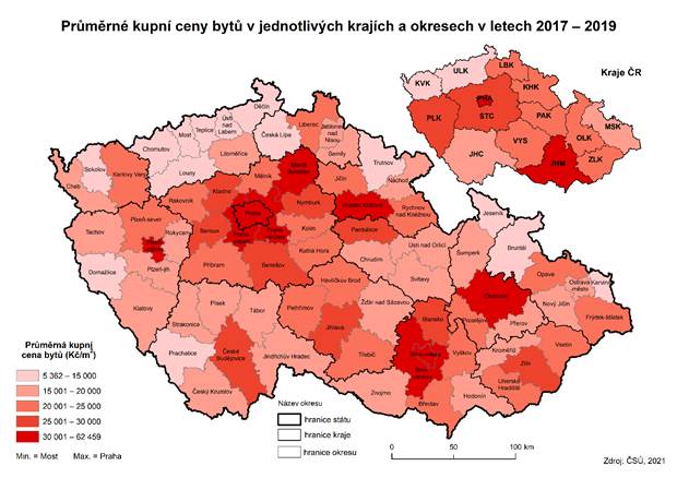 Průměrné kupní ceny bytů v jednotlivých krajích a okressech v letech 2017 až 2019