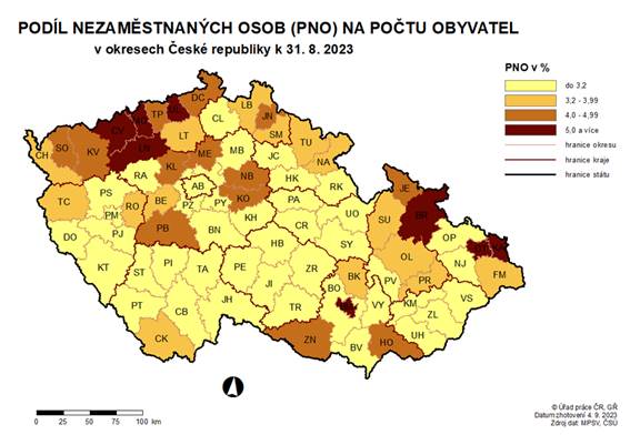 Podl nezamstnanch osob na potu obyvatel v okresech R k 31. 8. 2023