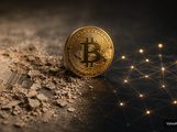 Ilustrační obrázek vytvořený za pomoci AI zobrazuje zlatý bitcoin stojící mezi rozpadající se eurobankovkou a digitální sítí, symbolizující inflaci a omezenou nabídku kryptoměny.