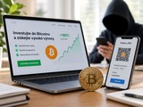 Ilustrační obrázek symbolizuje bitcoinové podvody, falešné investiční platformy a zneužívání QR kódů k převodu kryptoměn.