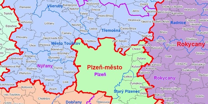 Orientan mapa Plzeskho kraje s hranicemi okres - vez (zdroj: mapy Plzeskho kraje)