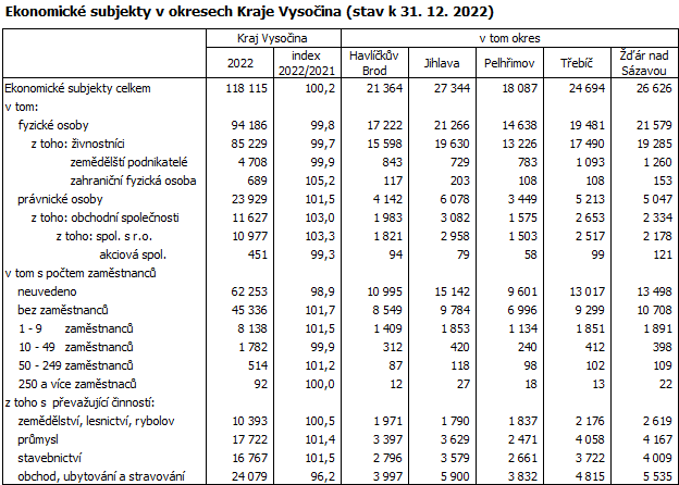 Ekonomick subjekty v okresech Kraje Vysoina (stav k 31. 12. 2022)