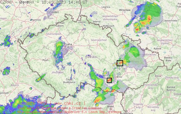 Radarov snmek R s kroupy - 13.09.2023 16:40