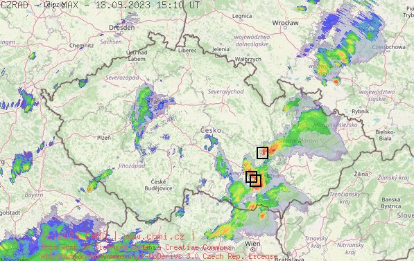 Radarov snmek R s kroupy - 13.09.2023 17:10