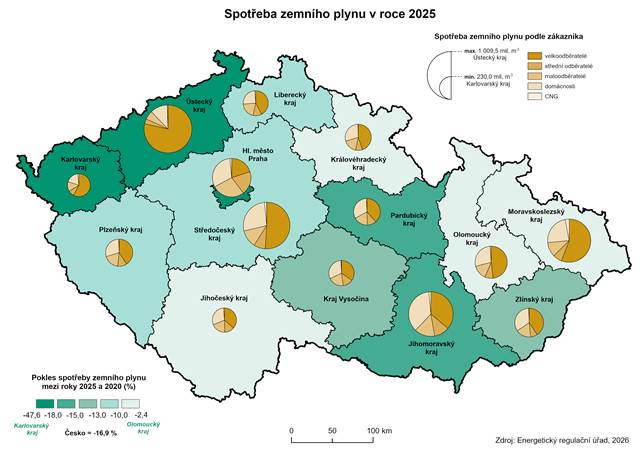 Kartogram: Spot�eba zemn�ho plynu v roce 2025