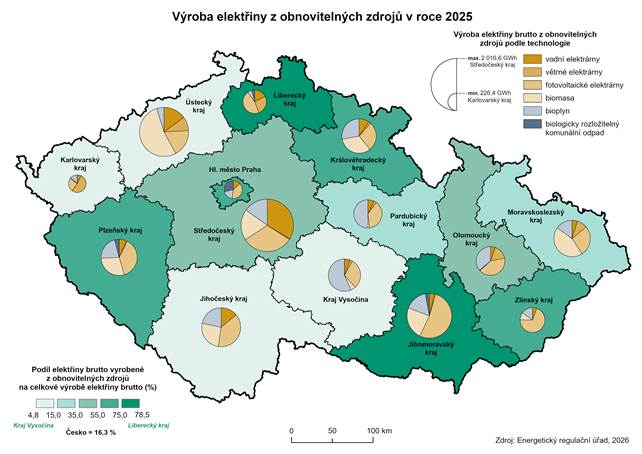 Kartogram: V�roba elekt�iny z obnoviteln�ch zdroj� v roce 2025