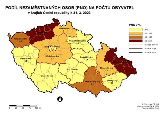 Podl nezamstnanch osob na potu obyvatel v krajch R k 31. 3. 2023