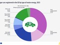 New passenger cars registered in the EU by type of motor energy, 2023, %. Chart. See link to full dataset below