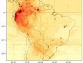 Copernicus Předpověď směšovacího poměru oxidu uhelnatého v hladině 850 hPa nad Jižní Amerikou v rámci systému CAMS inicializovaná 27. února v 00 UTC.