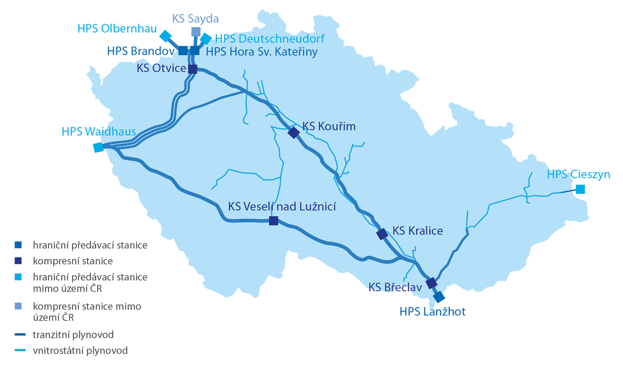 Mapa přepravní soustavy Net4Gas