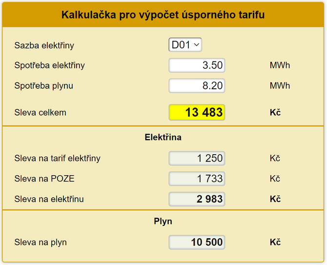 úsporný energetický tarif - kalkulačka