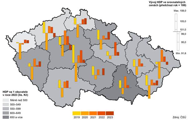 Regionln hrub domc produkt v krajch v letech 2018 a 2023