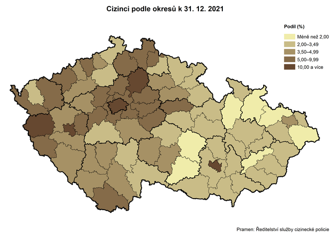 Kartogram: Cizinci podle okres k 31. 12. 2021