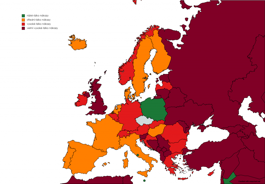 Seznam zem nebo jejich st snzkm, stednm, vysokm a velmi vysokm rizikem vskytu onemocnn covid-19 sinnost od 4.10.2021 