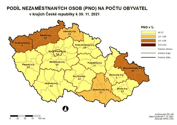 Podl zamstnanch osob na potu obyvatel v krajch R k 30. 11. 2021