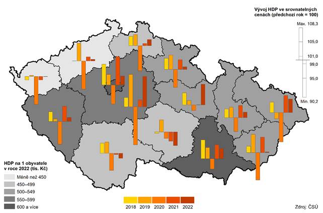 Regionln hrub domc produkt v krajch v letech 2018 a 2022