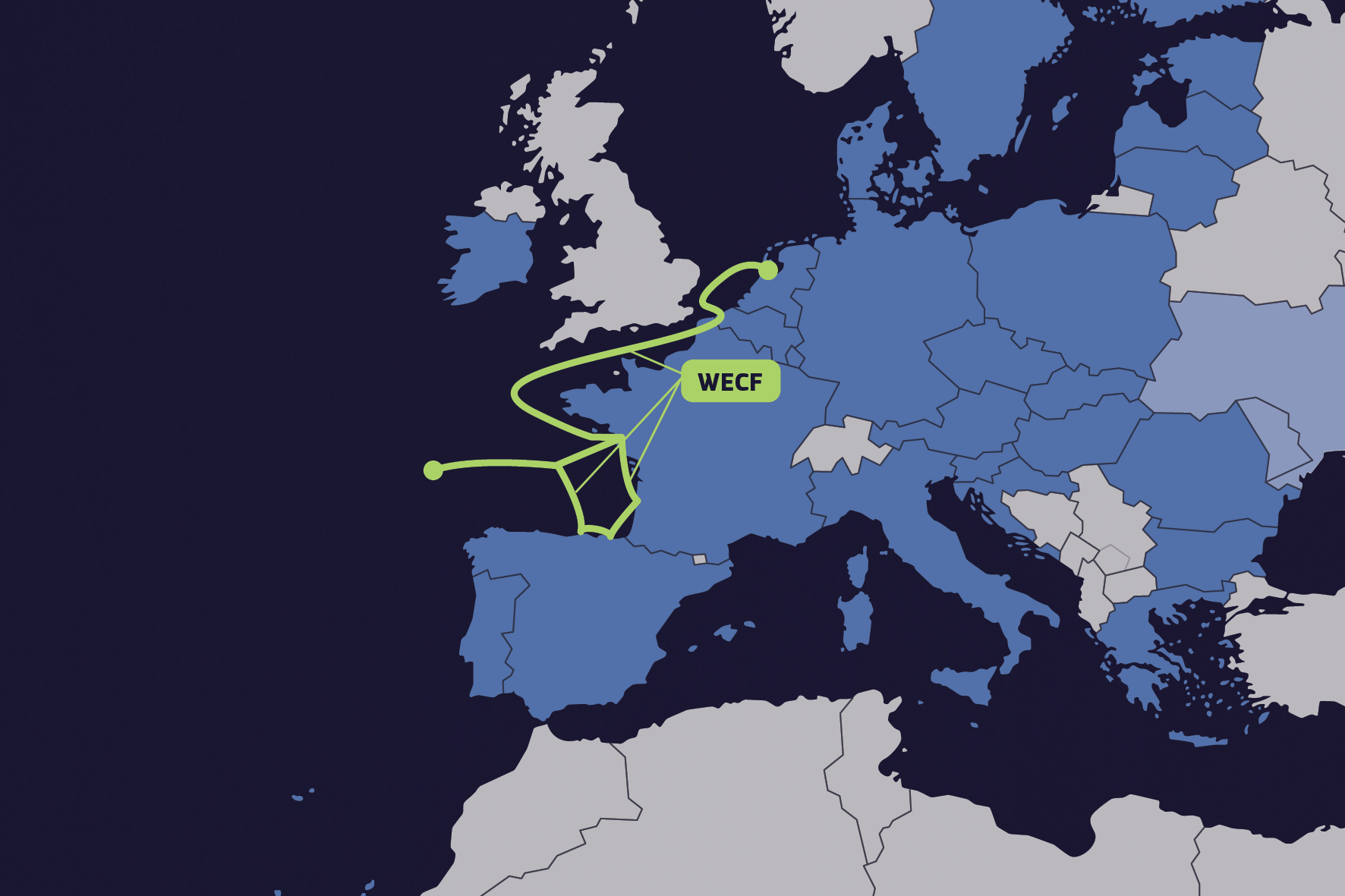 Map indicating the approximate area covered by the study in Portugal, Spain, France, Ireland, and the Netherlands.