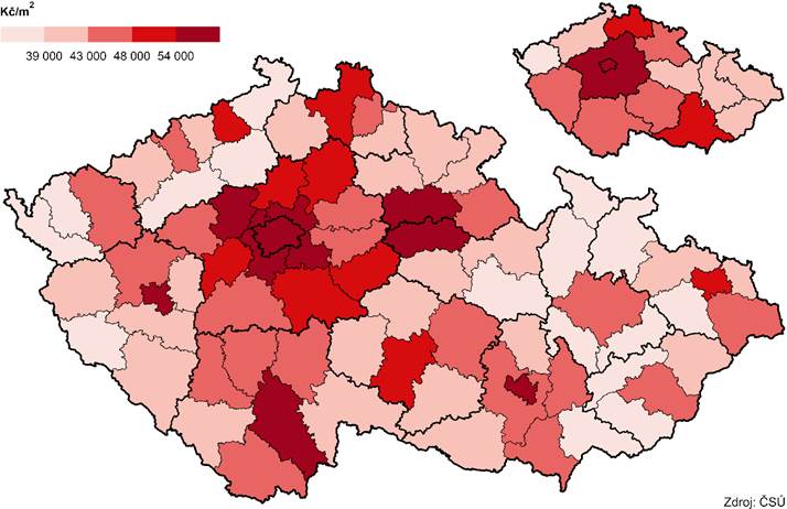 Kartogram 2 Průměrné kupní ceny rodinných domů v okresech a krajích, 2022–2024