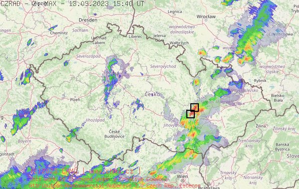 Radarov snmek R s kroupy - 13.09.2023 17:40