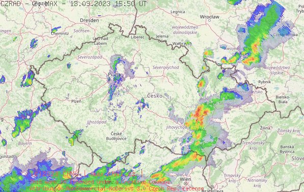 Radarov snmek R s kroupy - 13.09.2023 17:50