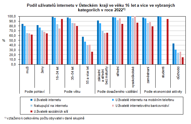 Graf: Podl uivatel internetu v steckm kraji ve vku 16 let a vce ve vybranch kategorich v roce 2022