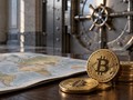 Ilustrační obrázek bitcoinů před bankovním trezorem s mapou světa symbolizuje státní bitcoinové rezervy. Vytvořeno AI.