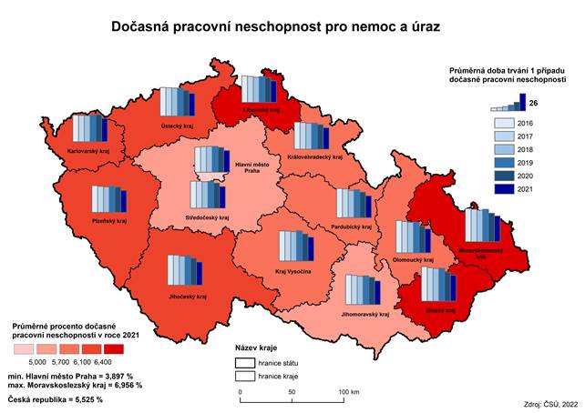 Kartogram: Doasn pracovn neschopnost pro nemoc a raz