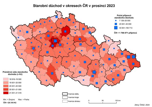 Kartogram: Starobn dchod v okresech R v prosinci 2023