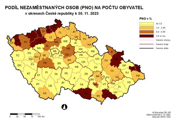 Podl nezamstnanch osob na potu obyvatel v okresech R k 30. 11. 2023