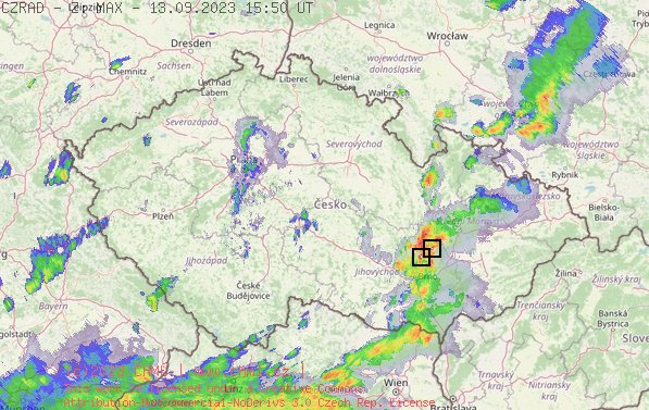 Radarov snmek R s kroupy - 13.09.2023 17:50