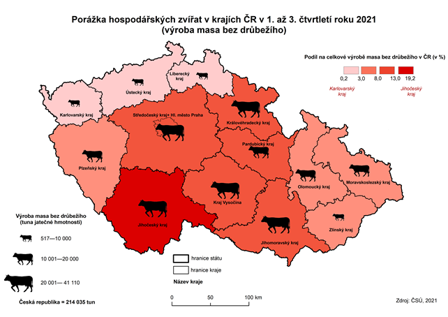 Kartogram: Porka hospodskch zvat v krajch R v 1. a 3. tvrtlet roku 2021 (vroba masa bez drbeho)