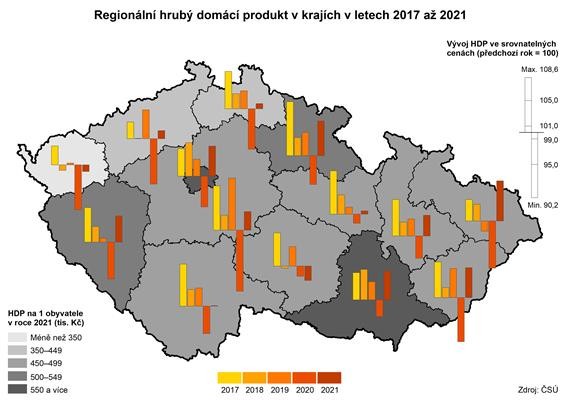 Kartogram Regionln hrub domc produkt v krajch v letech 2017 a 2021