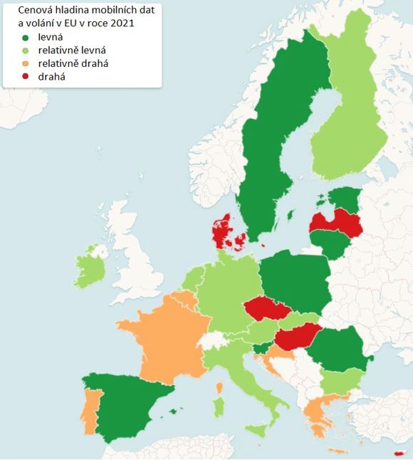 Graf ke KZ 22/03 - Cenov hladina mobilnch dat a voln v EU v roce 2021