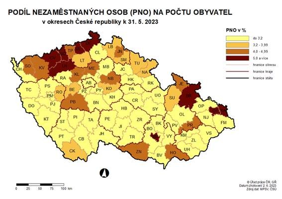 Podl nezamstnanch osob na potu obyvatel v okresech R k 31. 5. 2023