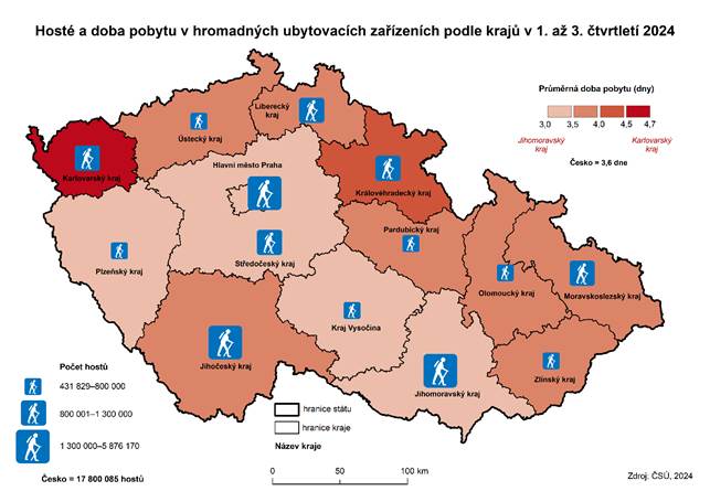 Kartogram: Host a doba pobytu v hromadnch ubytovacch zazench podle kraj v 1. a 3. tvrtlet 2024