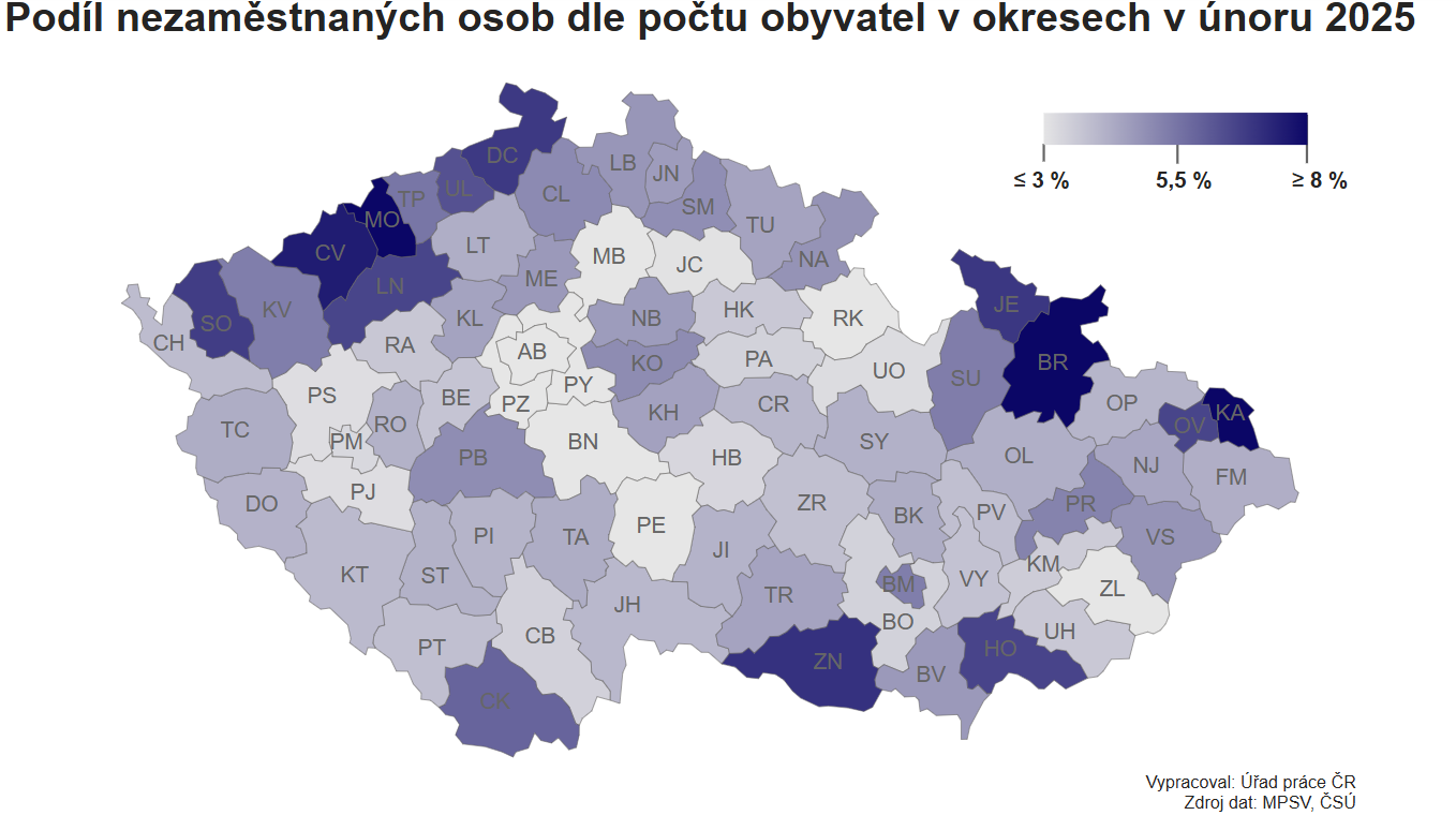 Podl nezamstnanch osob dle potu obyvatel v okresech v noru 2025