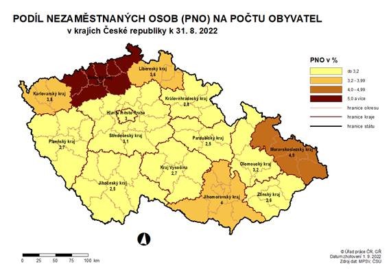 Podl nezamstnanch osob na potu obyvatel v krajch R k 31. 8. 2022