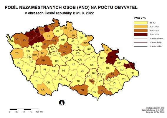 Podl nezamstnanch osob na potu obyvatel v okresech R k 31. 8. 2022